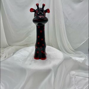 Unsigned Black/Red Giraffe Plantar/Vase Red Hearts 7 Inches Tall